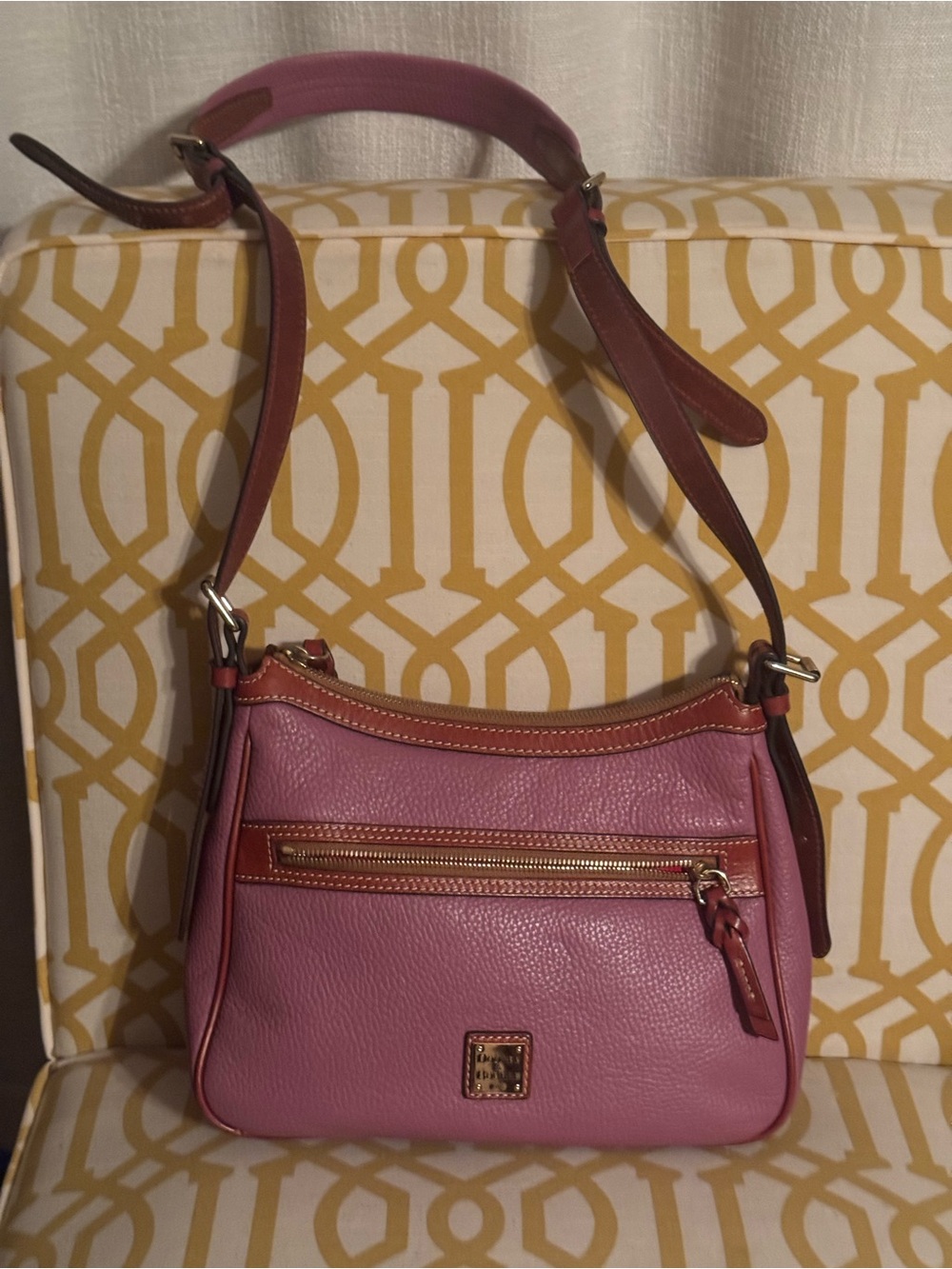 Dooney & Bourke Orchid Pebble Leather Shoulder Bag with Tan Trim